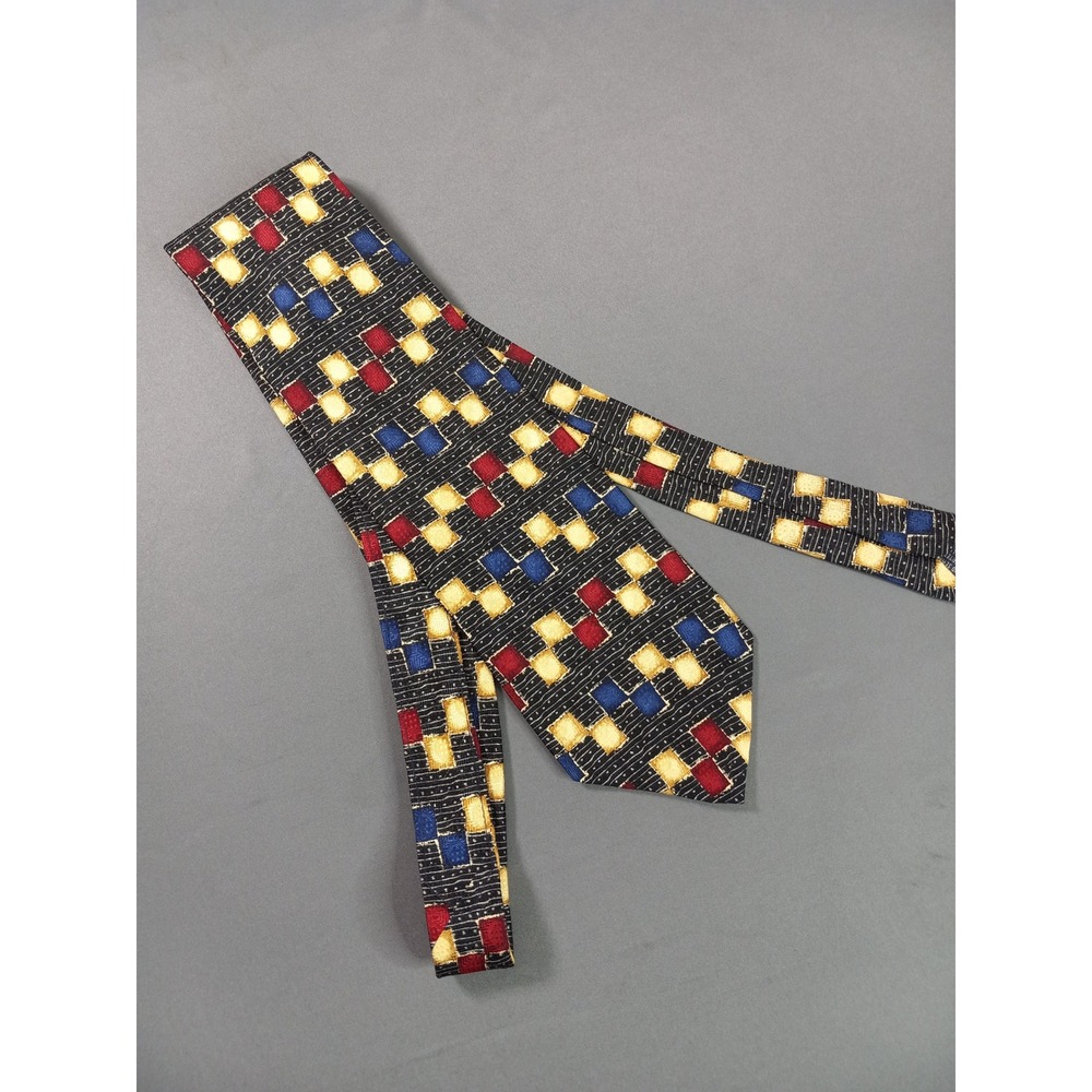 Roundtree & Yorke Mens Silk Tie Geometric Square Pattern Red Blue Gold Black